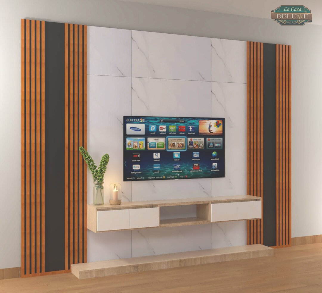 Custom TV unit and wall panel design in a Delhi home interior (2)