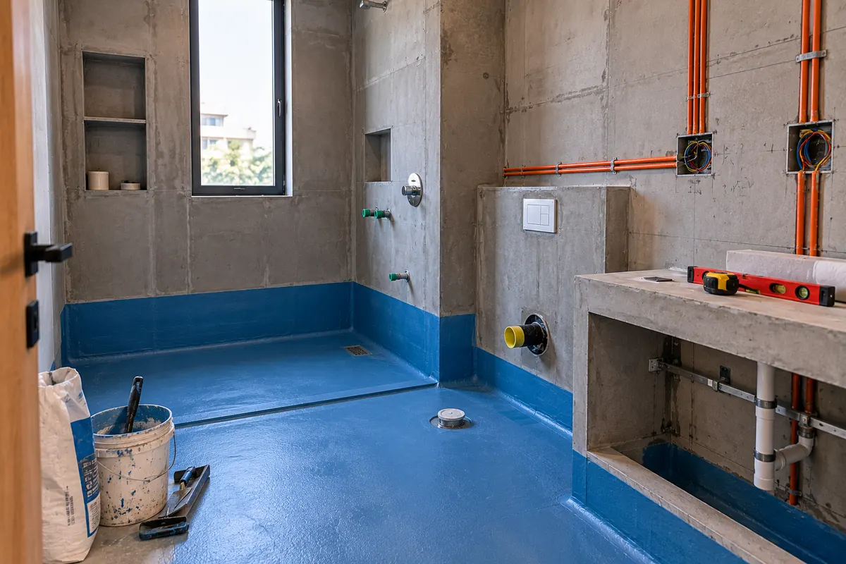 Interior designer in mehrauli: bathroom waterproofing in progress with blue membrane and exposed pipes during renovation