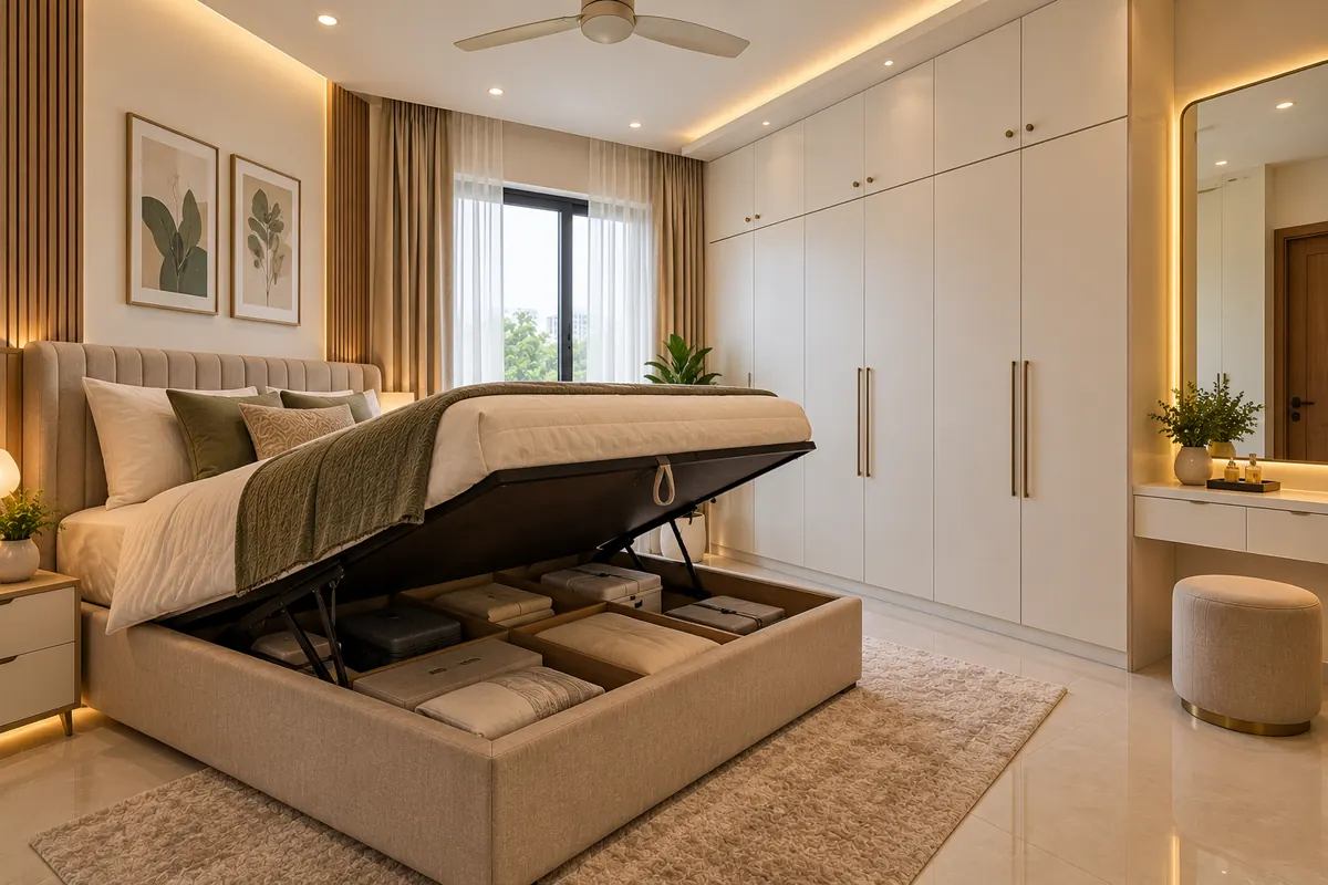 Interior designer in chhatarpur extension: bedroom with lift-up storage bed and floor-to-ceiling white wardrobes for a compact home