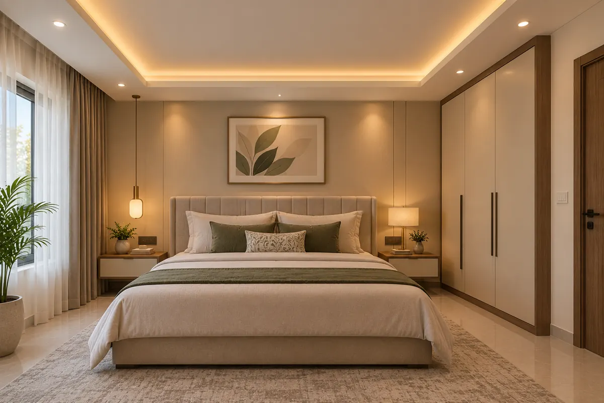 Bedroom interior with floor-to-ceiling wardrobe, cove-lit false ceiling and upholstered bed