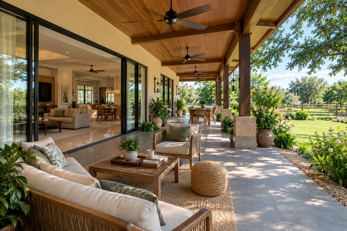Interior designer chattarpur farms: farmhouse terrace with cane seating, timber ceiling and lawn view for hosting guests