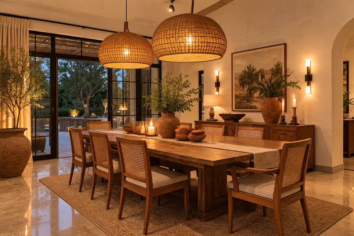 Farmhouse interior design chattarpur: farmhouse dining room with wooden table, cane chairs and rattan pendant lights at dusk