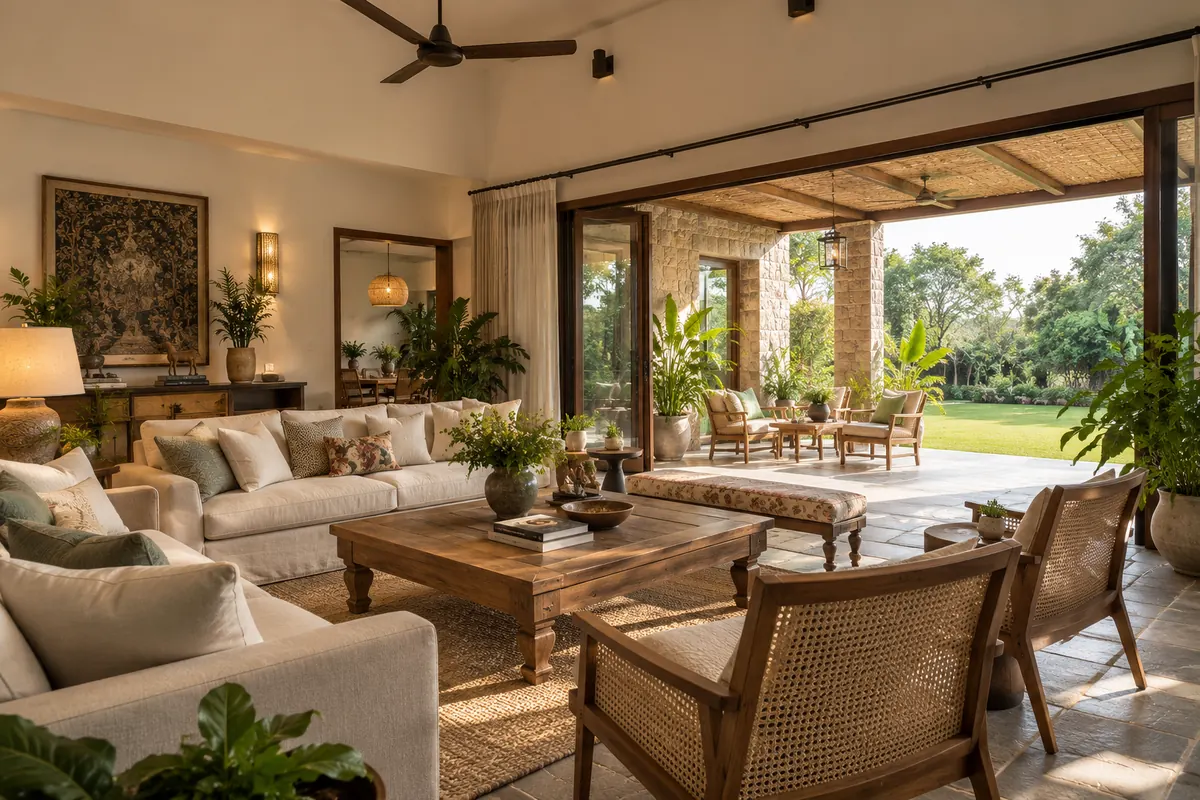 Farmhouse indoor-outdoor living room with sliding doors to a garden verandah