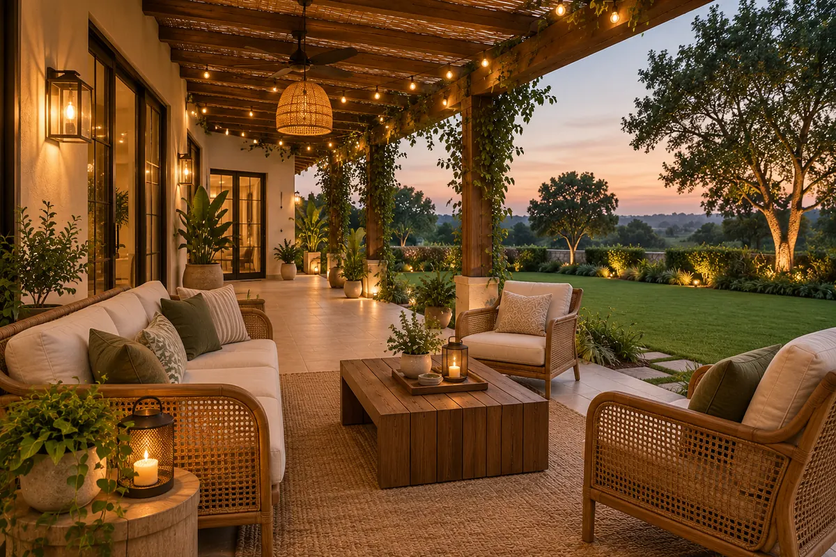 Farmhouse interior designer in delhi: garden verandah with pergola, cane seating and string lights at sunset