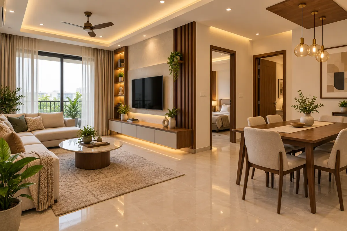 Compact builder floor living and dining room with TV unit and warm cove lighting