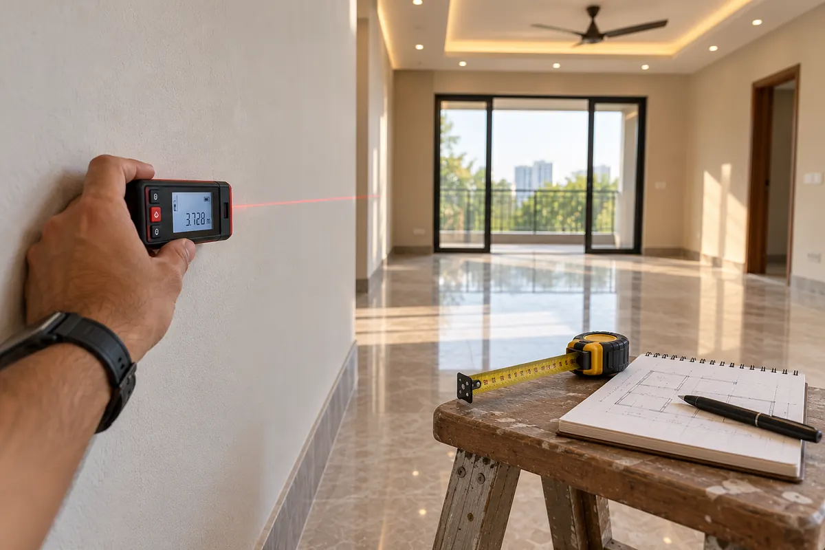 Interior designer near chattarpur metro: designer using a laser measure on a wall during an interior site visit