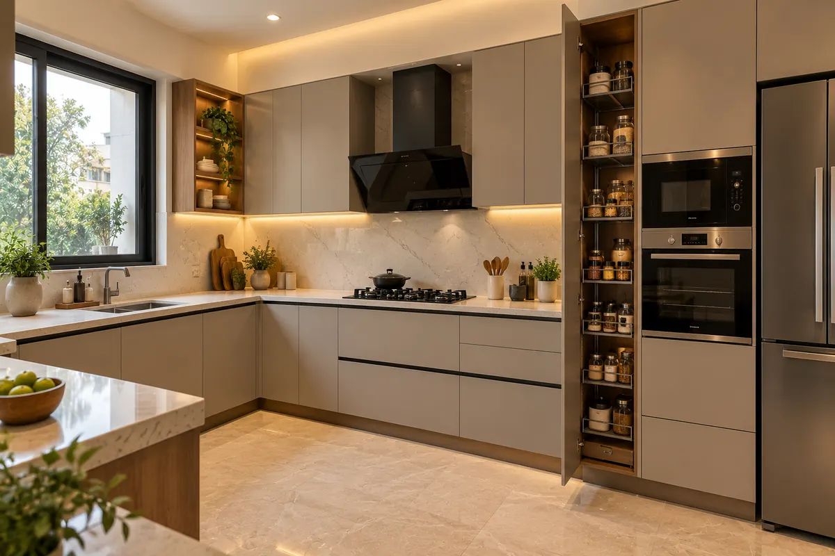 Modern L-shaped modular kitchen with greige cabinets, tall pantry unit and cove lighting