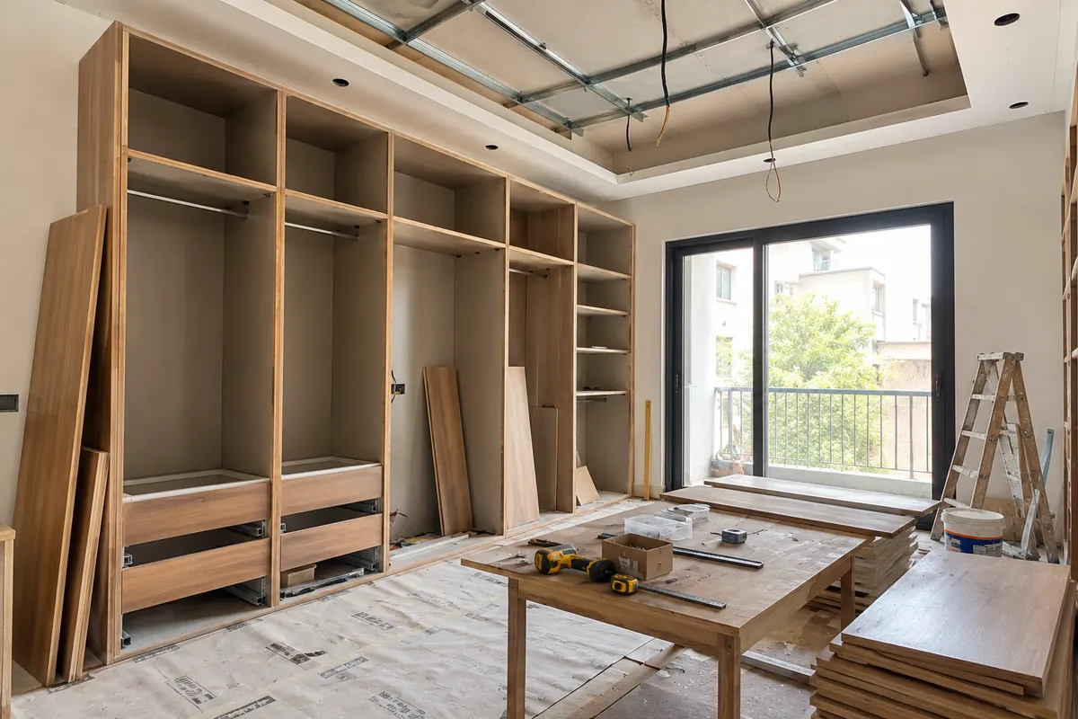 Turnkey interior contractor in south delhi: wardrobe carcasses under installation in a room during turnkey interior execution
